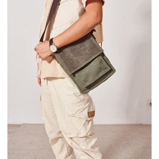 Canvas Mens Vertical Messenger Shoulder Bag Green Waxed Canvas Small Side Bag Courier Bag for Men