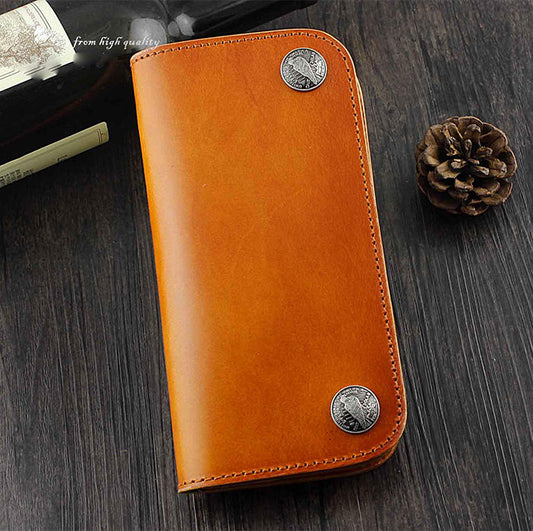 Cool Brown Leather Men's Biker Long Wallet Bifold Long Wallet For Men