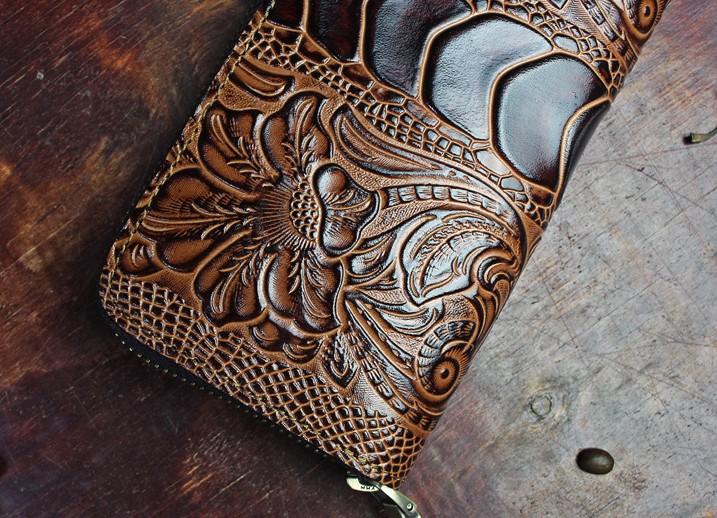 Handmade Leather Floral Mens Cool Zipper Phone Travel Long Wallet Card Holder Card Slim Clutch Wallets for Men