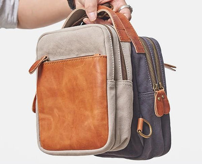 Cool Gray Canvas Leather Mens Sling Bag Chest Bag One Shoulder Pack for men