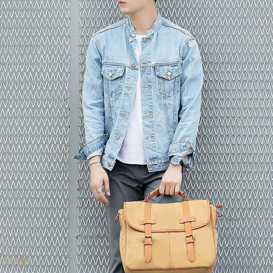 Khaki Canvas Leather Mens Casual Briefcase Shoulder Bag Messenger Bags Casual Courier Bags for Men