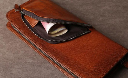 Genuine Leather Mens Cool Long Leather Wallet Cards Phone Zipper Clutch Wristlet Wallet for Men