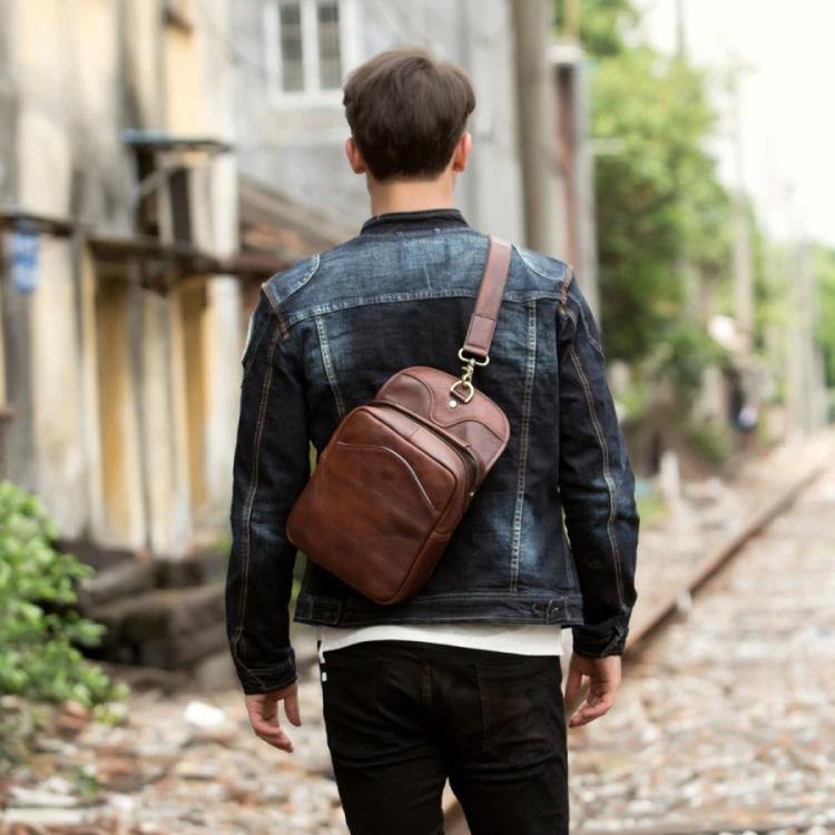 Casual Brown Leather Mens Sling Pack Sling Bags Chest Bags Brown One Shoulder Backpack for Men