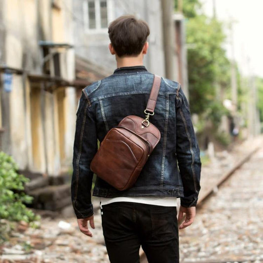 Casual Brown Leather Mens Sling Pack Sling Bags Chest Bags Brown One Shoulder Backpack for Men