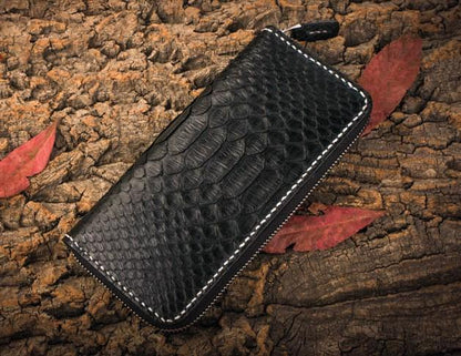 Handmade Leather Mens Clutch Wallet Cool Boa Skin Wallet Long Zipper Wallets for Men