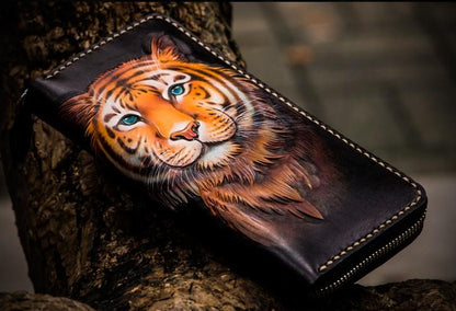 Handmade Leather Men Tooled Tiger Cool Leather Wallet Long Phone Clutch Wallets for Men