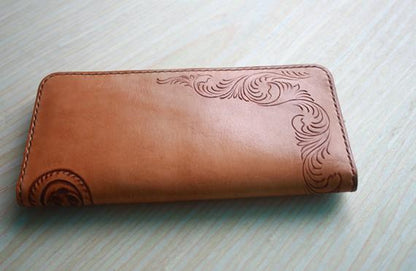 Handmade Leather Vintage Tooled Floral Mens Long Wallets Cool Long Wallet for Men