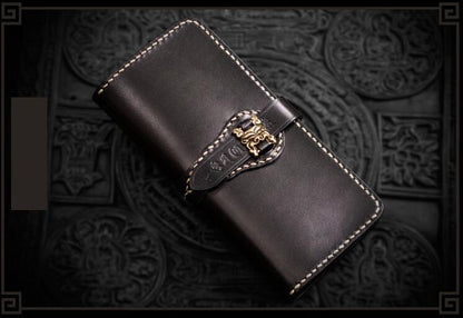 Handmade Leather Men Tooled Chinese Lion Cool Leather Wallet Long Phone Wallets for Men