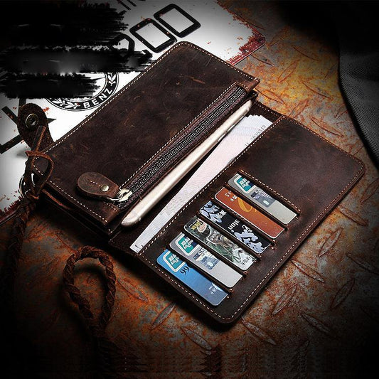 Coffee Leather Mens Bifold Long Biker Wallets Biker Chain Wallet Long Trucker Wallet for Men