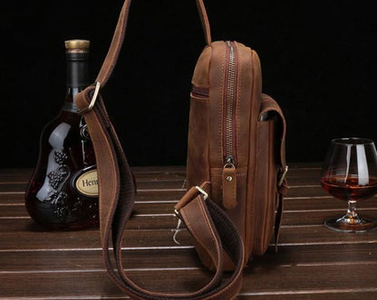 Vintage Leather Mens Sling Shoulder Bag Sling Bag Chest Bag Sling Backpack for men