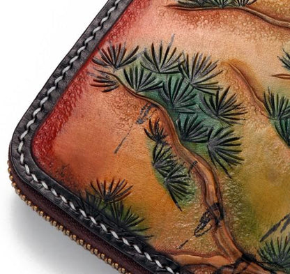 Handmade Leather Mens Clutch Wallet Cool Red-Crowned Crane Tooled Wallet Long Zipper Wallets for Men