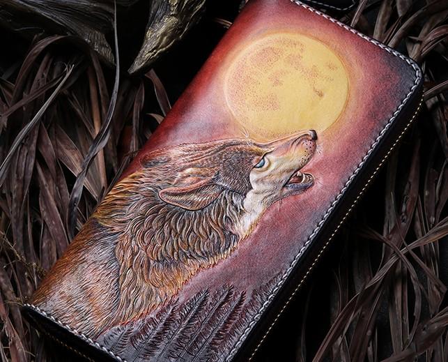 Handmade Leather Mens Clutch Wallet Cool Wolf Tooled Wallet Long Zipper Wallets for Men