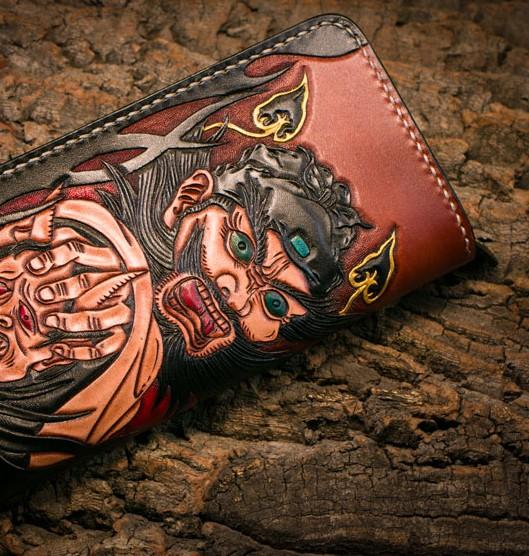 Handmade Leather Mens Clutch Wallet Tooled Cool Zhong Kui Wallet Long Zipper Wallets for Men