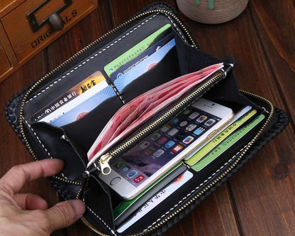 Handmade Leather Mens Clutch Wallet Tooled Cool Carp Wallet Long Zipper Wallets for Men