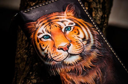 Handmade Leather Men Tooled Tiger Cool Leather Wallet Long Phone Clutch Wallets for Men