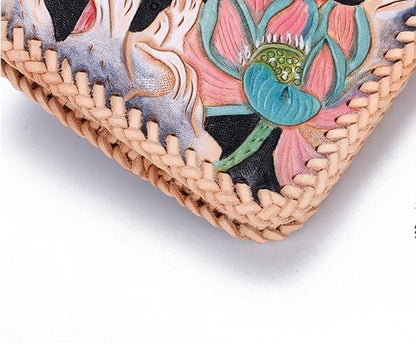 Handmade Leather Mens Clutch Wallet Cool Carp Tooled Wallet Long Zipper Wallets for Men