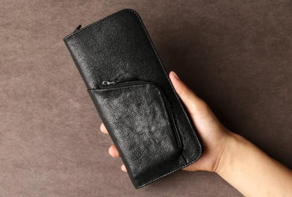 Genuine Leather Mens Cool Long Leather Wallet Cards Phone Zipper Clutch Wristlet Wallet for Men