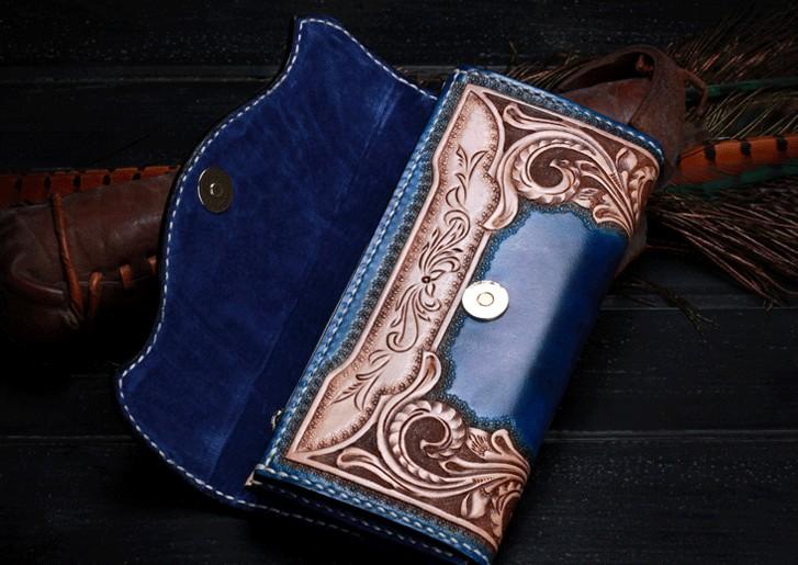 Handmade Leather Mens Tooled Floral Clutch Wallet Cool Wallet Long Wallets for Men Women