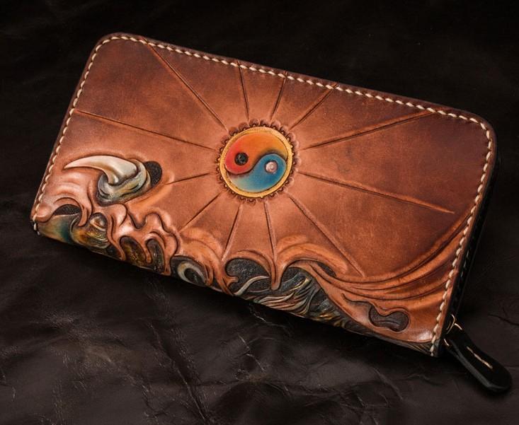 Handmade Leather Mens Clutch Wallet Cool Chinese Dragon Tooled Wallet Long Zipper Wallets for Men