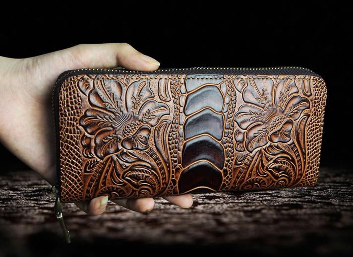 Handmade Leather Floral Mens Cool Zipper Phone Travel Long Wallet Card Holder Card Slim Clutch Wallets for Men