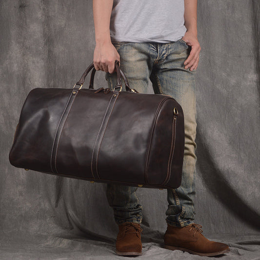 Cool Mens Coffee Leather Large Weekender Bag Duffle Bag Vintage Large Travel Bag for Men