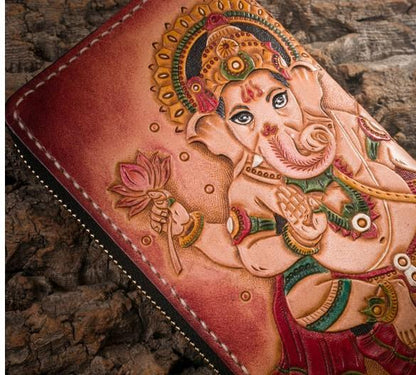 手工皮革男士手拿包皮夾工具酷 Ganesha 皮夾男士長拉鍊皮夾