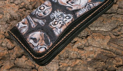 Handmade Leather Men Tooled Skull Halley Cool Leather Wallet Long Phone Wallets for Men