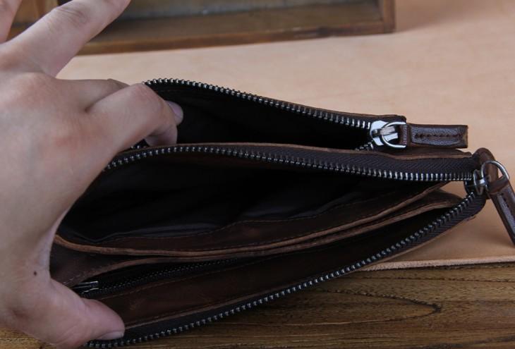 Handmade Genuine Leather Mens Cool Long Leather Wallet Zipper Clutch Wristlet Wallet for Men