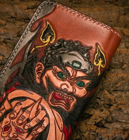 Handmade Leather Mens Clutch Wallet Tooled Cool Zhong Kui Wallet Long Zipper Wallets for Men