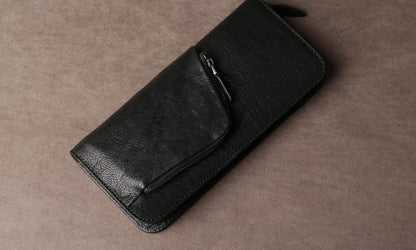 Genuine Leather Mens Cool Long Leather Wallet Cards Phone Zipper Clutch Wristlet Wallet for Men