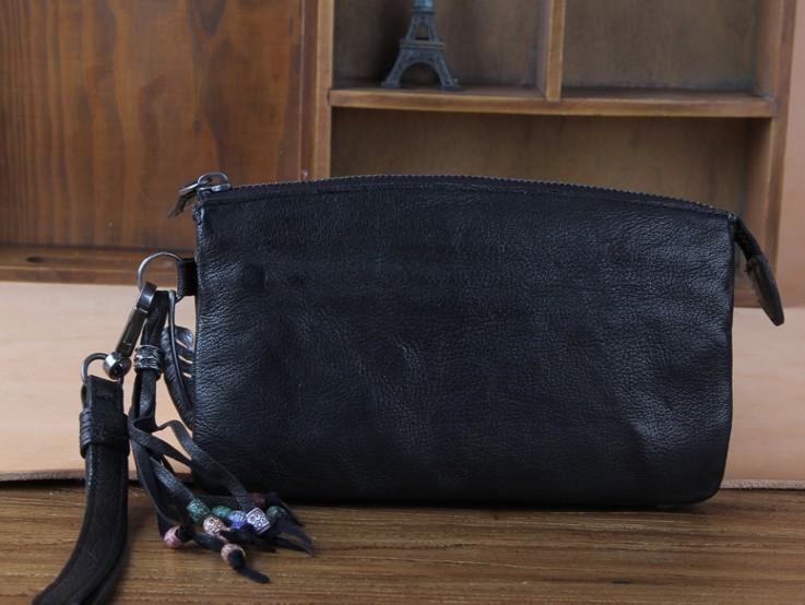 Handmade Genuine Leather Mens Cool Long Leather Wallet Zipper Clutch Wristlet Wallet for Men