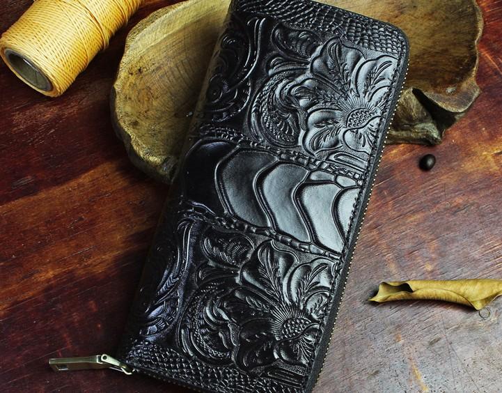 Handmade Leather Floral Mens Cool Zipper Phone Travel Long Wallet Card Holder Card Slim Clutch Wallets for Men