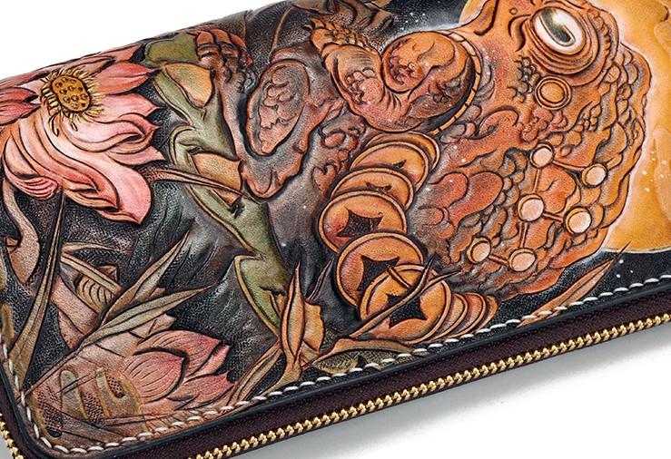 Handmade Leather Mens Clutch Wallet Cool Gold Toad Triped Crow Tooled Wallet Long Zipper Wallets for Men