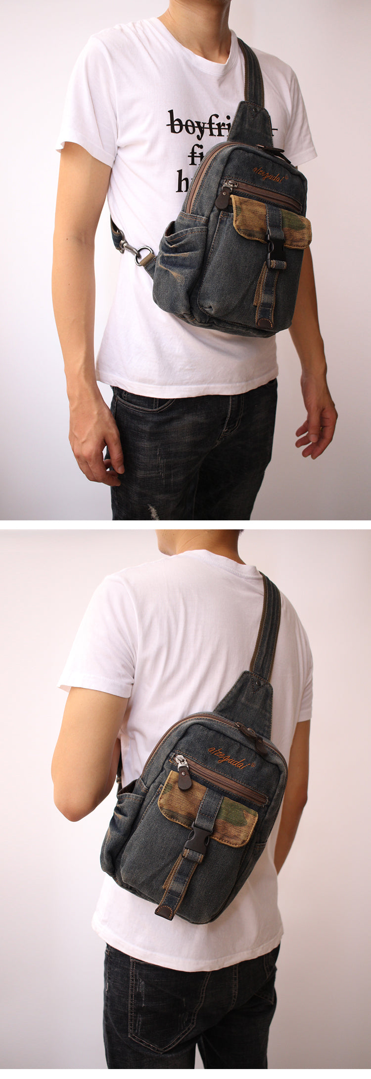 Vintage Blue Denim Mens Sling Bag Chest Bag Cool Blue Denim Sling Bag For Men