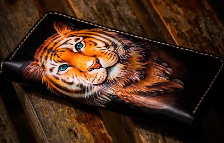 Handmade Leather Men Tooled Tiger Cool Leather Wallet Long Phone Clutch Wallets for Men