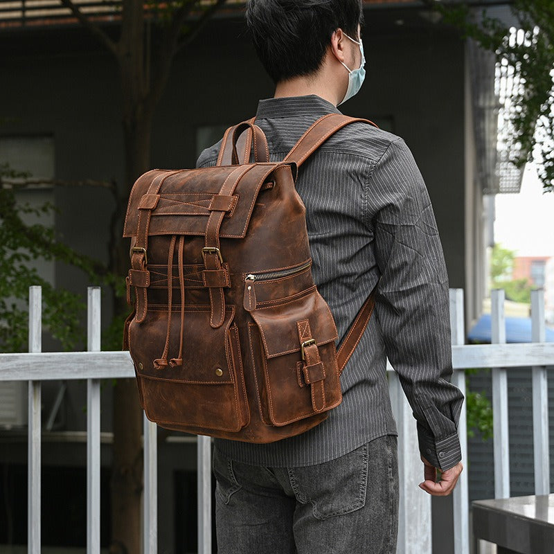 Large Coffee Leather Mens Travel Backpack 16¡®¡¯ Laptop Rucksack Vintage Hiking Backpack For Men