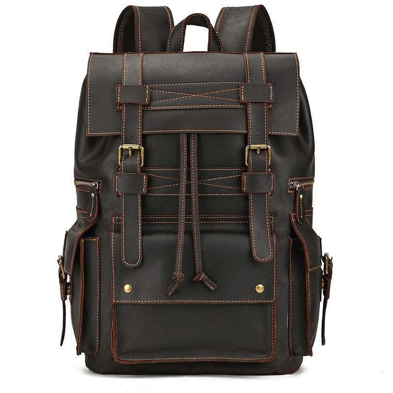 Large Coffee Leather Mens Travel Backpack 16¡®¡¯ Laptop Rucksack Vintage Hiking Backpack For Men