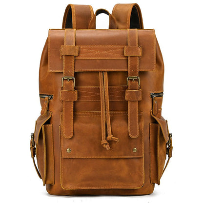 Large Coffee Leather Mens Travel Backpack 16¡®¡¯ Laptop Rucksack Vintage Hiking Backpack For Men