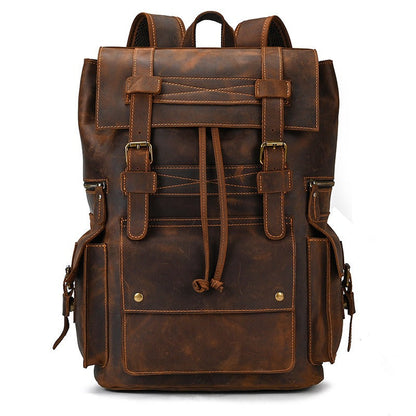 Large Coffee Leather Mens Travel Backpack 16¡®¡¯ Laptop Rucksack Vintage Hiking Backpack For Men