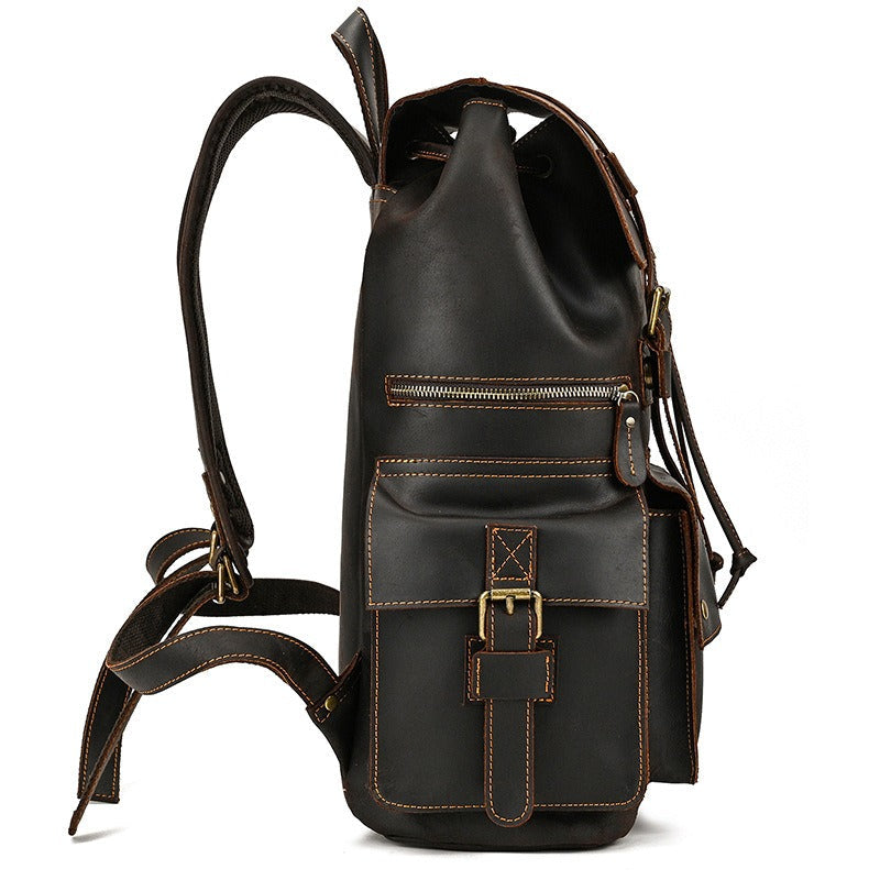 Large Coffee Leather Mens Travel Backpack 16¡®¡¯ Laptop Rucksack Vintage Hiking Backpack For Men