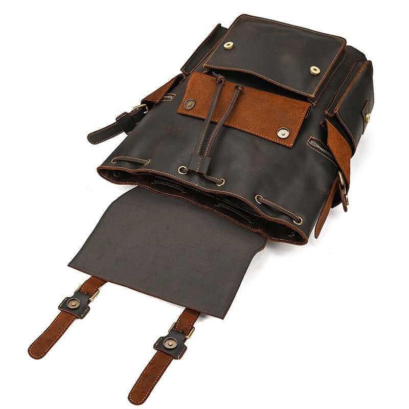 Large Coffee Leather Mens Travel Backpack 16¡®¡¯ Laptop Rucksack Vintage Hiking Backpack For Men