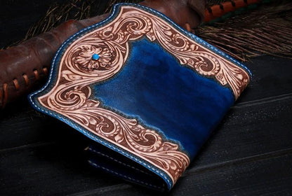 Handmade Leather Mens Tooled Floral Clutch Wallet Cool Wallet Long Wallets for Men Women