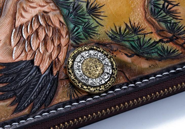 Handmade Leather Mens Clutch Wallet Cool Red-Crowned Crane Tooled Wallet Long Zipper Wallets for Men