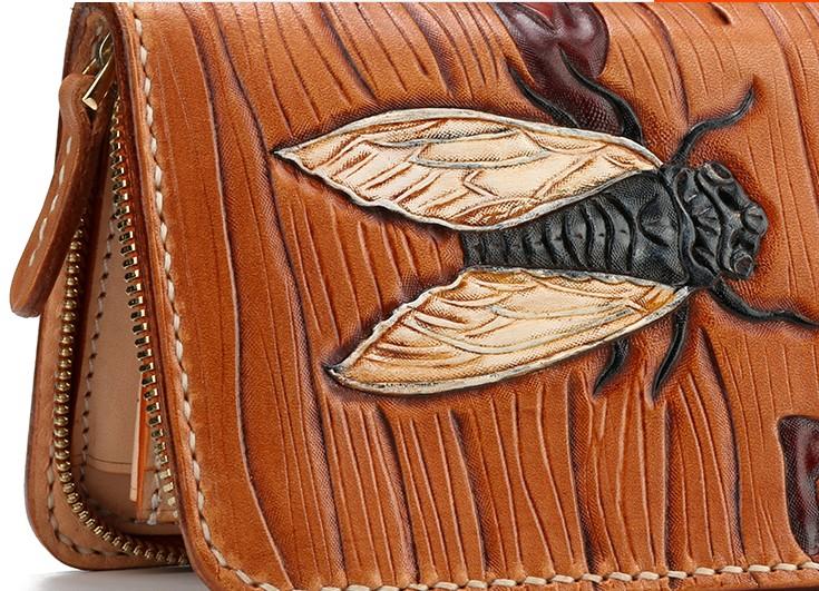 Handmade Leather Mens Clutch Wallet Cool Cicada Tooled Wallet Long Zipper Wallets for Men