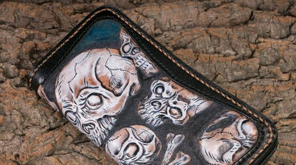 Handmade Leather Men Tooled Skull Halley Cool Leather Wallet Long Phone Wallets for Men