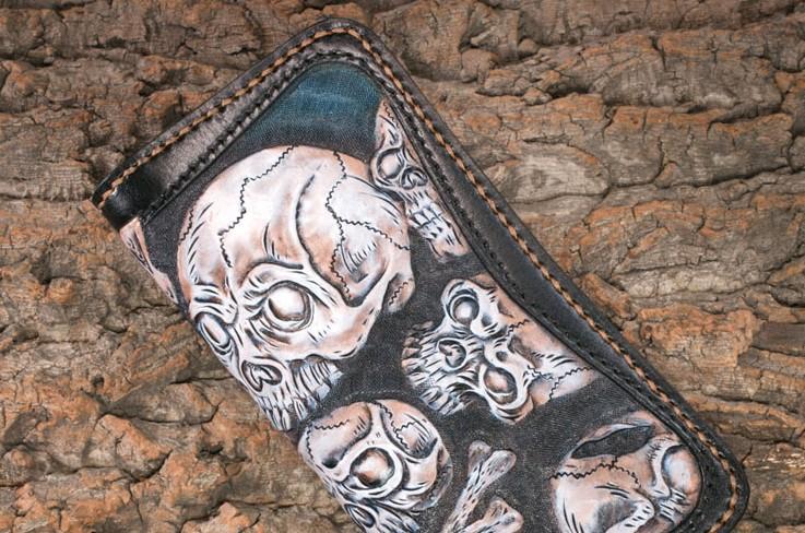 Handmade Leather Men Tooled Skull Halley Cool Leather Wallet Long Phone Wallets for Men