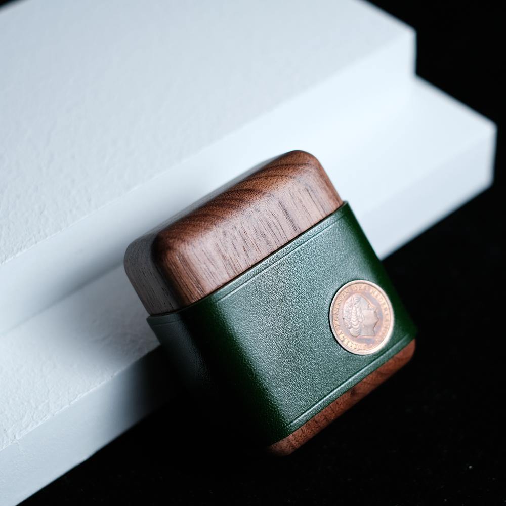 Handmade Green Leather Wood AirPods 1,2 Case Custom Leather AirPods 1,2 Case Airpod Case Cover