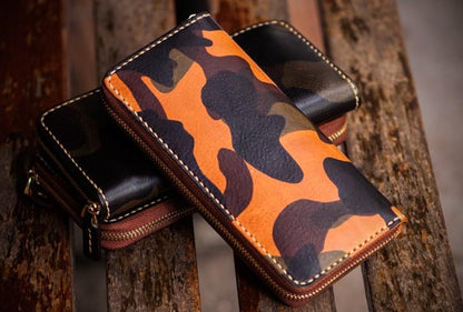 Handmade Leather Men Camouflage Cool Leather Wallet Long Phone Clutch Wallets for Men