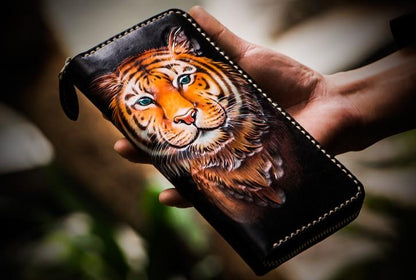 Handmade Leather Men Tooled Tiger Cool Leather Wallet Long Phone Clutch Wallets for Men