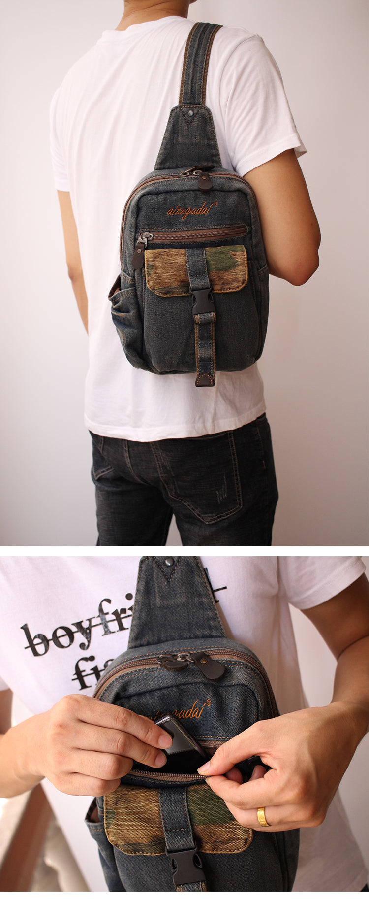 Vintage Blue Denim Mens Sling Bags Chest Bag Cool Blue Denim Sling Bag For Men